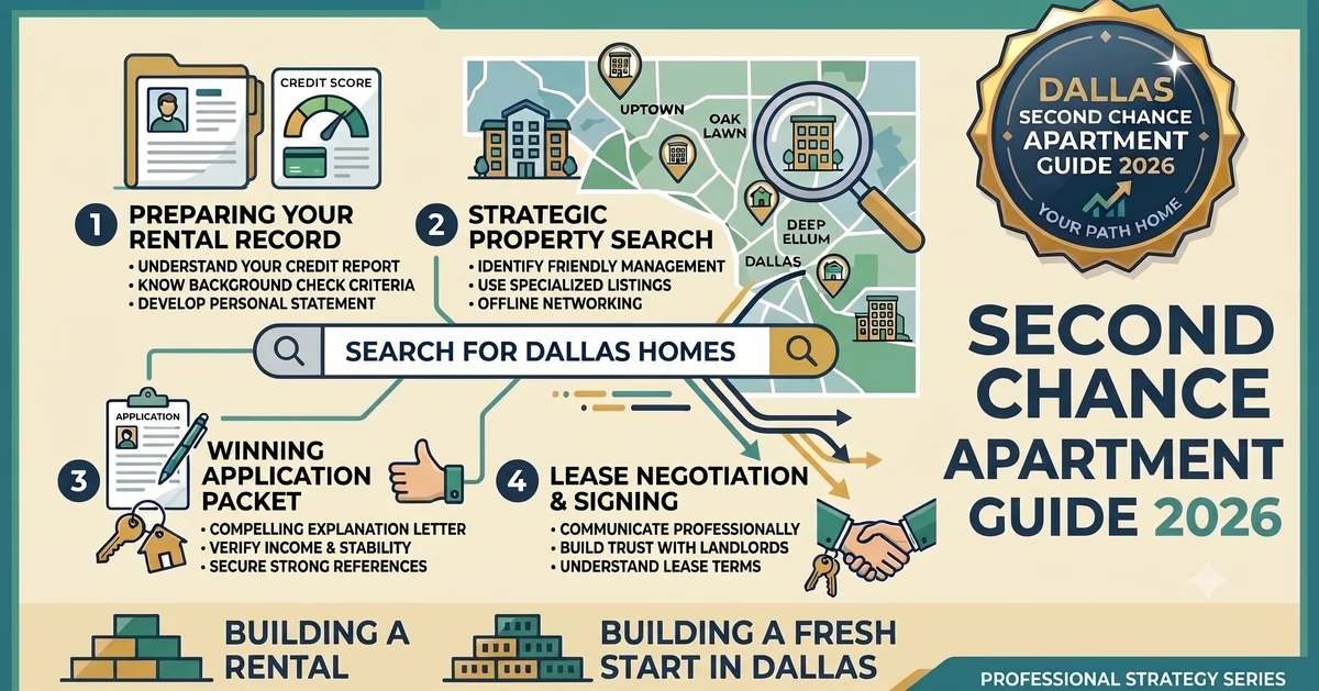 Dallas Second Chance Apartment Guide 2026 infographic showing the 4-step process from preparing your rental record to lease signing