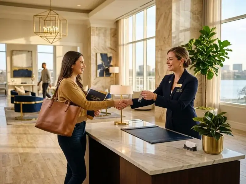 Concierge welcoming renter at luxury Las Colinas high-rise lobby