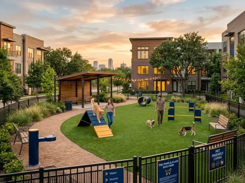 Dog park amenity at pet-friendly apartment community in Garland TX