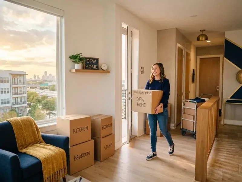 Renter moving boxes into a DFW apartment after broken lease approval