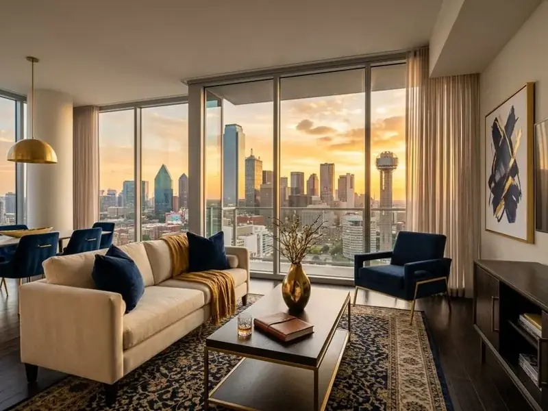 Upscale Uptown Dallas apartment interior with floor-to-ceiling windows