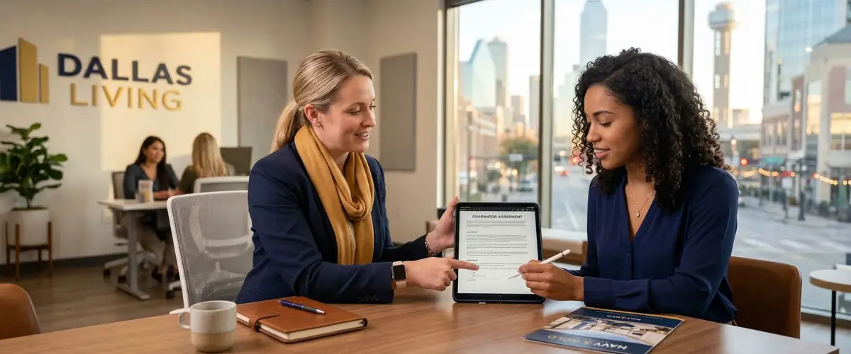 Dallas Second Chance Apartments locator reviewing guarantor lease agreement with renter