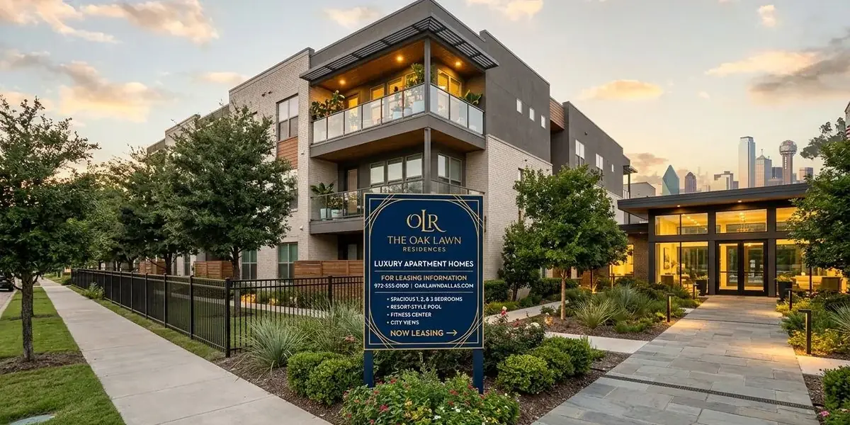 Modern garden-style apartment exterior with leasing sign in Dallas-Fort Worth