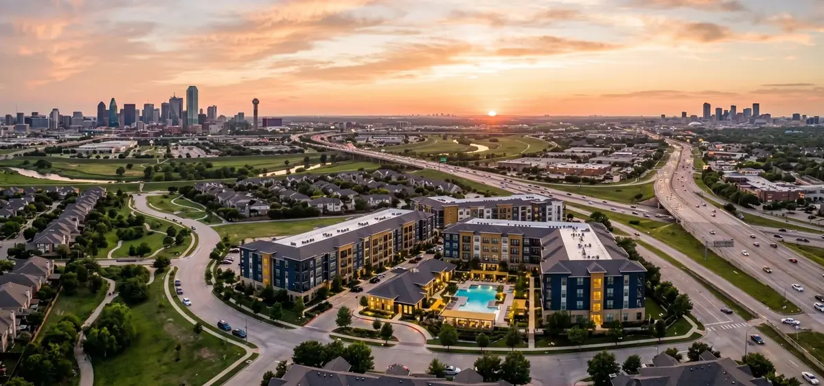 Aerial view of Dallas-Fort Worth Metroplex at sunset showing apartment communities